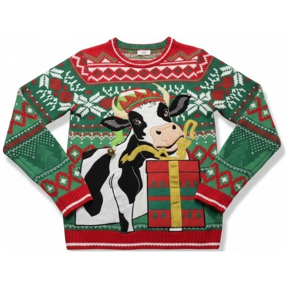 Holiday Time Women's Small Ugly Christmas Sweater Cow Bells Gift Red Green